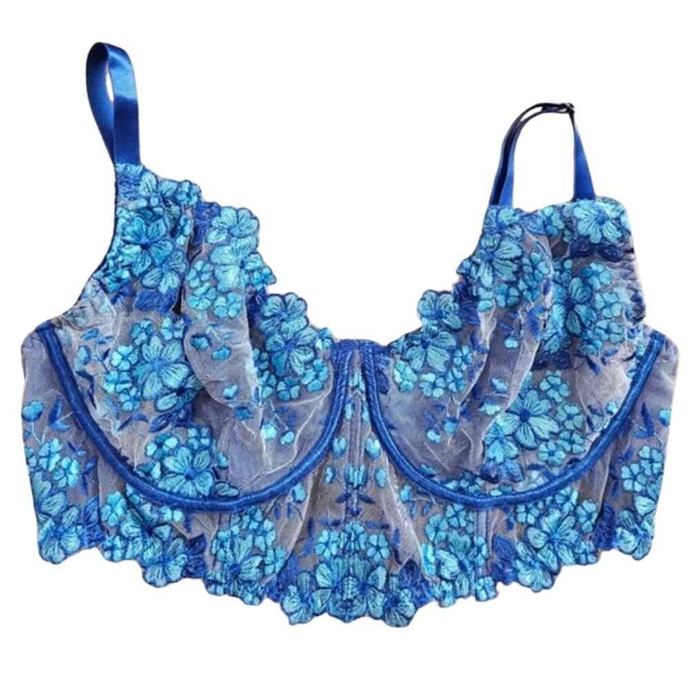 2X Floral Embroidered Blue Bra Longline SEXY NEW PLUS R-2353